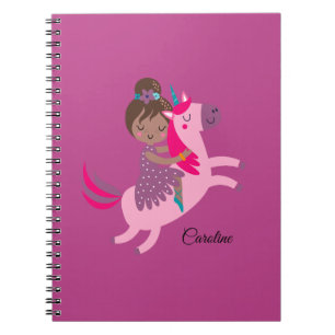 Cute Brunette Haired Girl Riding on a Unicorn Notebook