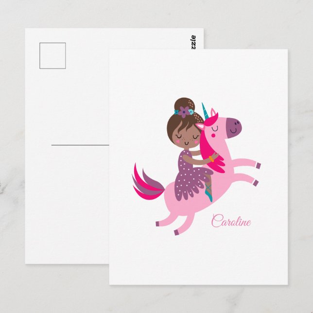 Cute Brunette Haired Girl Riding on a Unicorn Postcard (Front/Back)