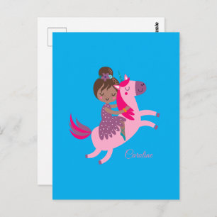 Cute Brunette Haired Girl Riding on a Unicorn Postcard