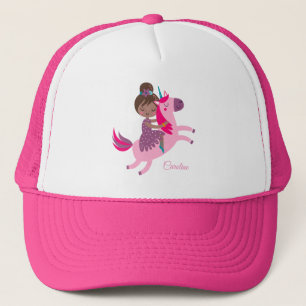 Cute Brunette Haired Girl Riding on a Unicorn Trucker Hat