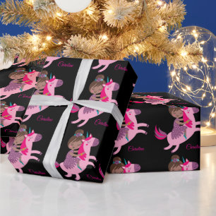 Cute Brunette Haired Girl Riding on a Unicorn Wrapping Paper