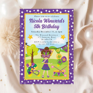 Cute Brunette Mardi Gras Girl Kids Birthday Invitation