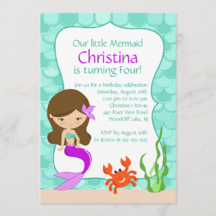 Cute Brunette Mermaid Birthday Invitation