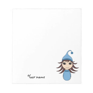Cute brunette pajama girl chibi in blue notepad