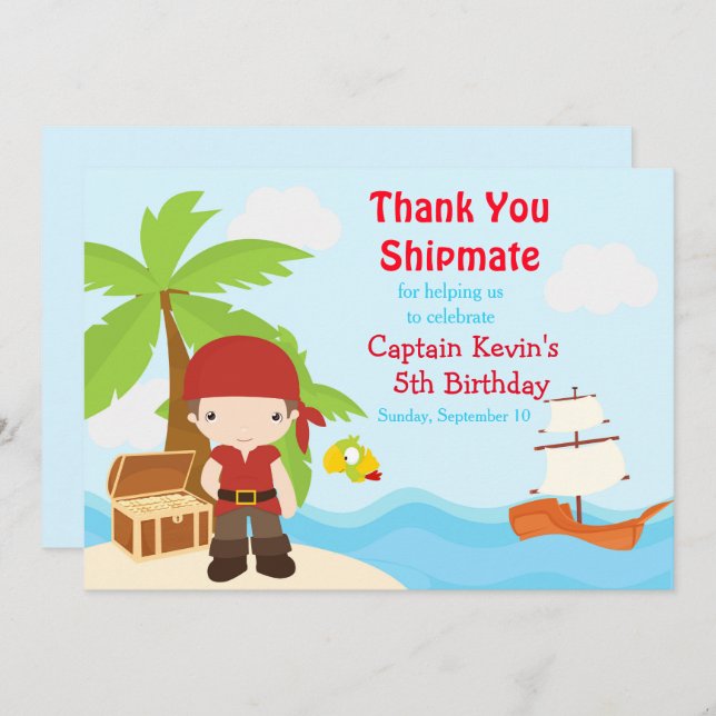 Cute Brunette Pirate Boy Birthday Party Thank You Card (Front/Back)