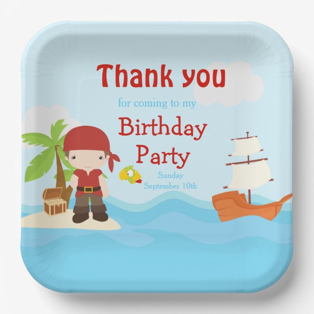 Cute Brunette Pirate Boy in Red Birthday Paper Plate (Front)