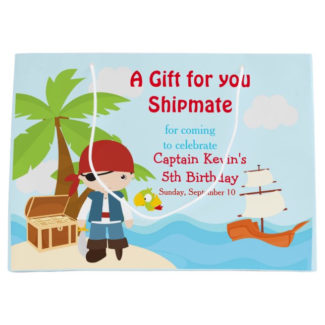 Cute Brunette Pirate Eye Patch Boy Birthday Large Gift Bag (Front)