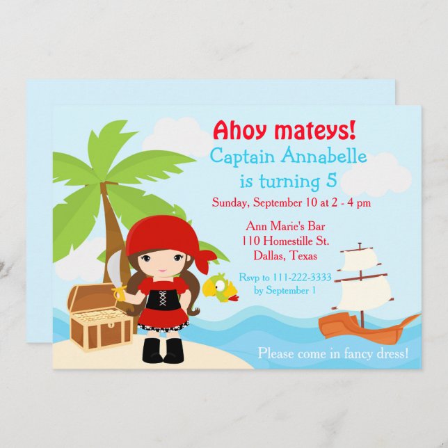 Cute Brunette Pirate Girl Birthday Party Invitation (Front/Back)