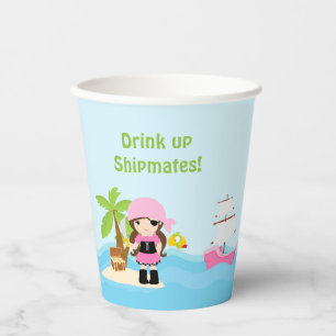 Cute Brunette Pirate Girl in Pink Birthday Party Paper Cups