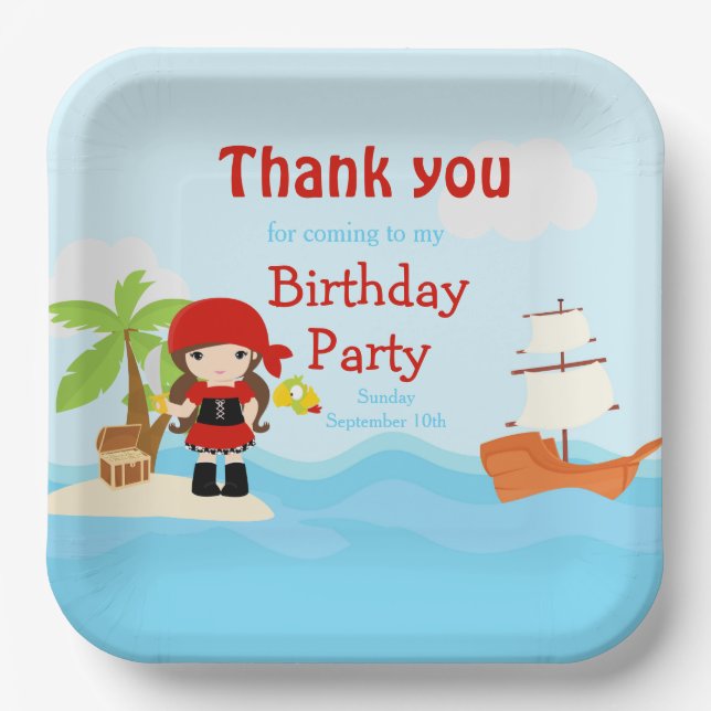Cute Brunette Pirate Girl in Red Birthday Paper Plate (Front)