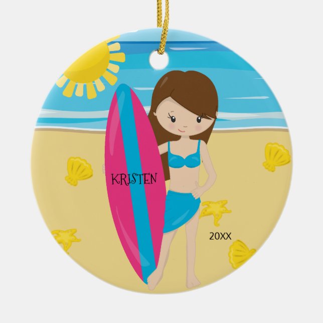 Cute Brunette Surfer Girl Personalised Christmas Ceramic Ornament (Front)