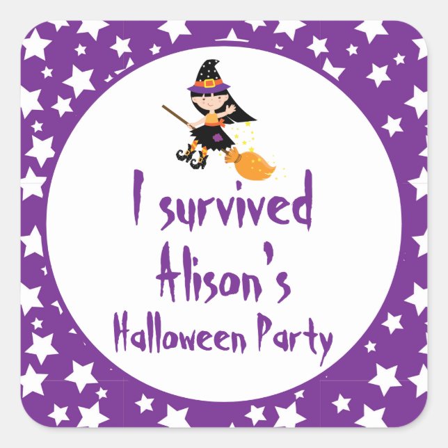 Cute Brunette Witch Halloween 'I Survived' Square Sticker (Front)