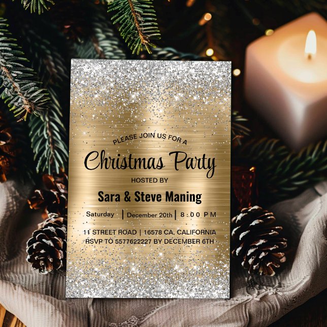 Cute brushed gold faux silver glitter Christmas  Invitation (Creator Uploaded)