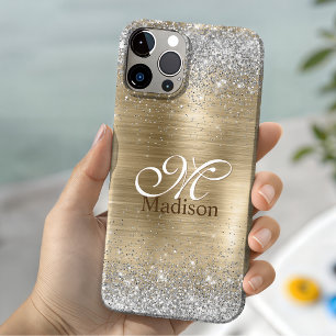 Cute brushed gold faux silver glitter monogram Case-Mate iPhone 14 case