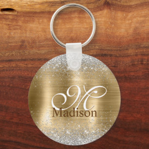 Cute brushed gold faux silver glitter monogram key ring