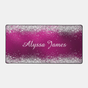 Cute Brushed Hot Pink Foil Faux Silver Glitter Desk Mat