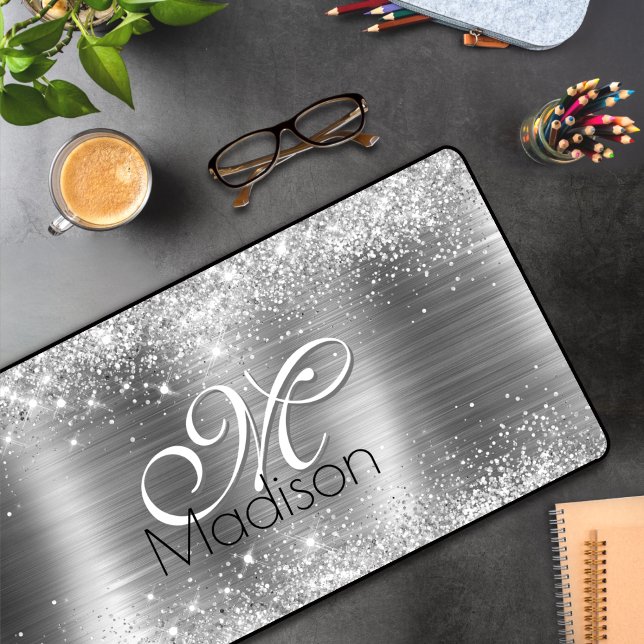 Cute brushed metal silver faux glitter monogram desk mat (Creator Uploaded)