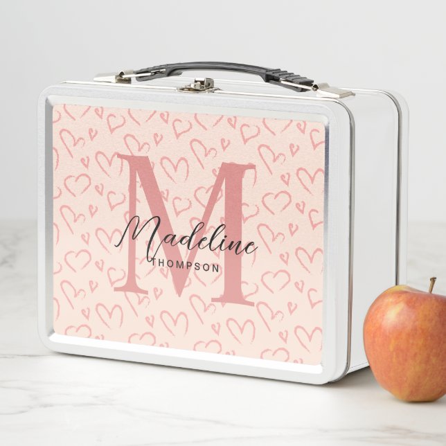 Cute Brushed Pink Heart Pattern Monogram Metal Lunch Box (In Situ)