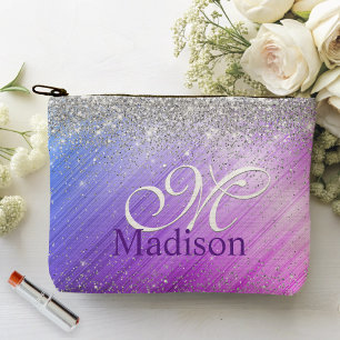 Cute brushed purple faux silver glitter monogram accessory pouch