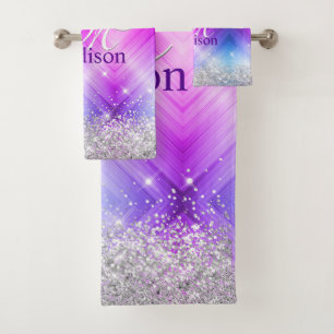 Cute brushed purple faux silver glitter monogram bath towel set
