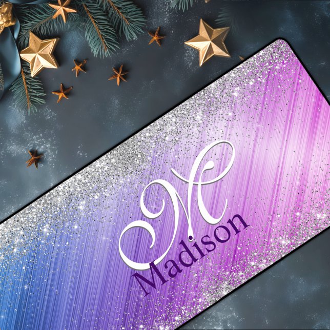 Cute brushed purple faux silver glitter monogram desk mat (Creator Uploaded)