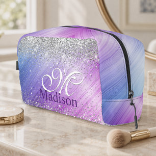 Cute brushed purple faux silver glitter monogram dopp kit