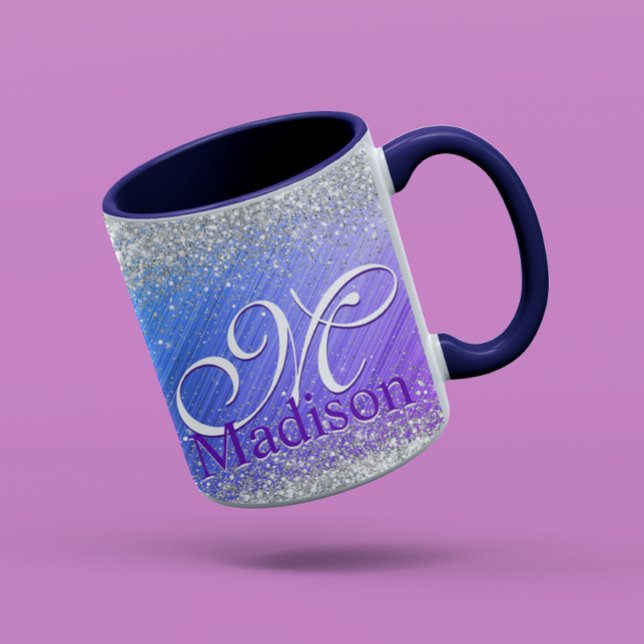 Cute brushed purple faux silver glitter monogram mug (Creator Uploaded)