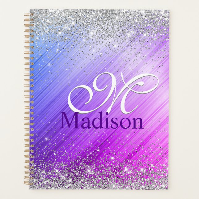 Cute brushed purple faux silver glitter monogram planner (Front)