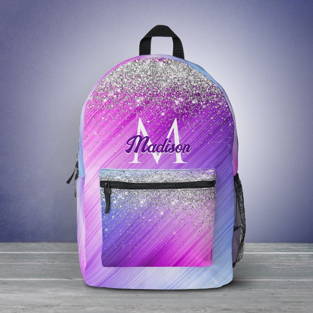Cute brushed purple faux silver glitter monogram printed backpack (Creator Uploaded)