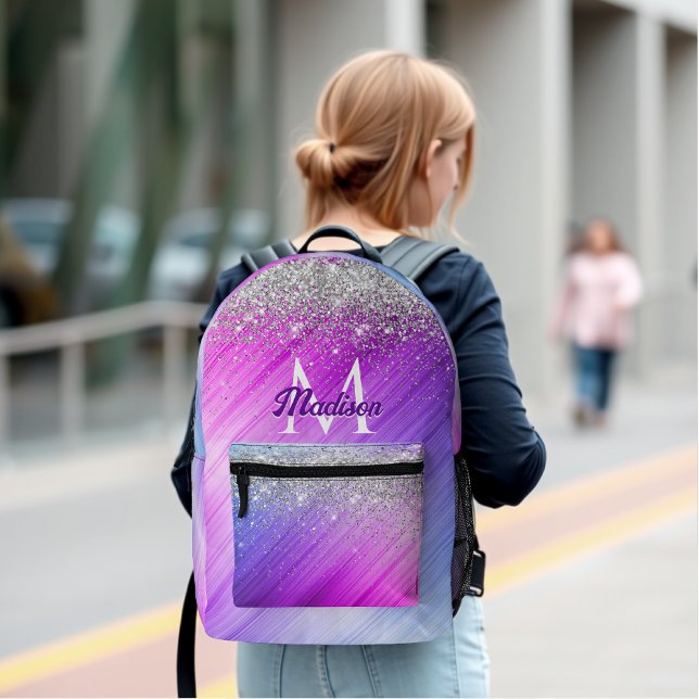 Cute brushed purple faux silver glitter monogram printed backpack (Creator Uploaded)