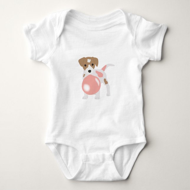 Cute Bubble Gum Dog Puppy Blowing Bubble Baby Bodysuit (Front)
