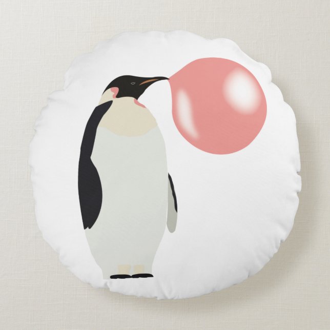 Cute Bubble Gum Penguin Blowing Bubble Round Cushion (Front)