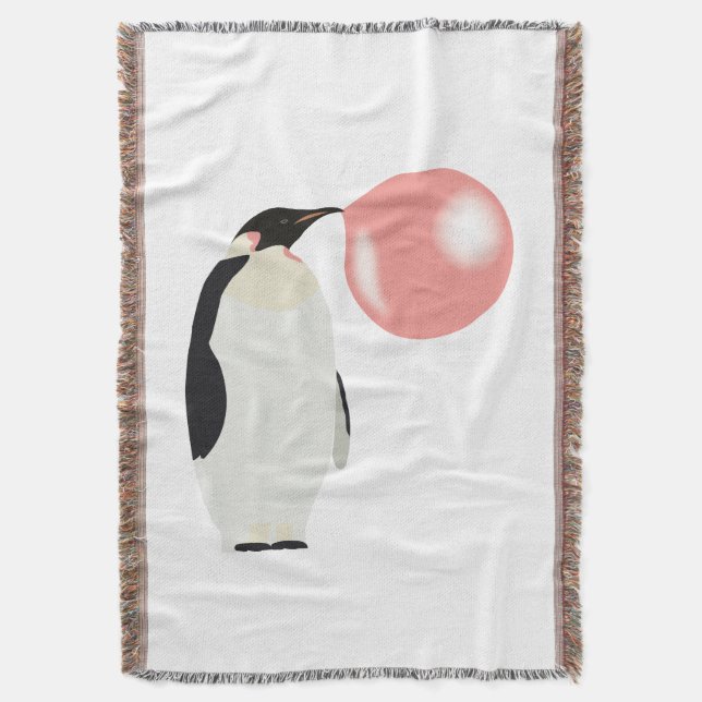 Cute Bubble Gum Penguin Blowing Bubble Throw Blanket (Front Vertical)