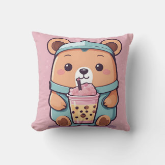 Cute Bubble Tea Bear Illustration – Kawaii Style Cushion