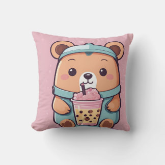 Cute Bubble Tea Bear Illustration – Kawaii Style Cushion