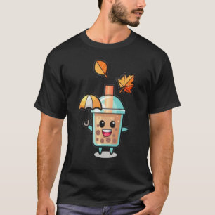 Cute Bubble Tea Holding An Umbrella In Autumn Fall T-Shirt