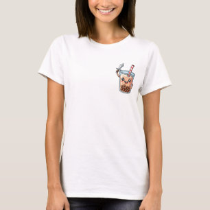 Cute Bubble Tea Warrior Character Holding Silver T-Shirt