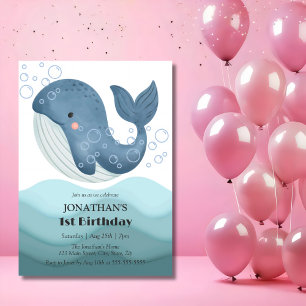 Cute Bubble Whale Ocean Wave Birthday Invitation