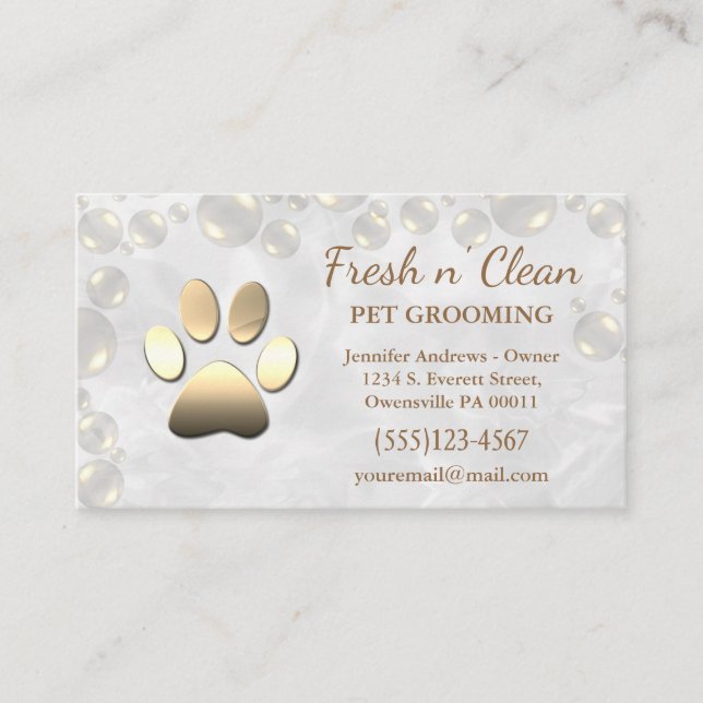 Cute Bubbles Incandescent Dog Paw Grooming Service Business Card (Front)
