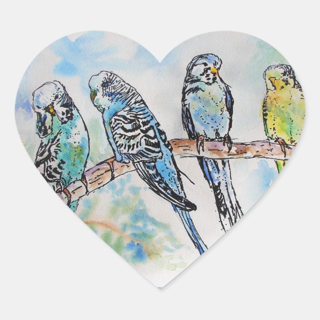Cute Budgie budgies bird Watercolour Art Heart Sticker (Front)
