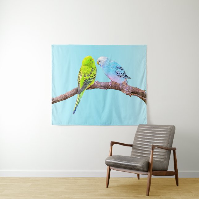 Cute budgie couple in green and blue tapestry (In Situ (Horizontal))