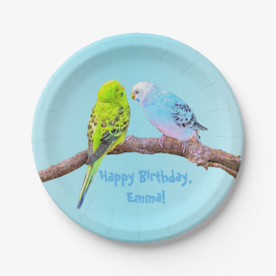 Cute budgie couple - personalizable paper plate