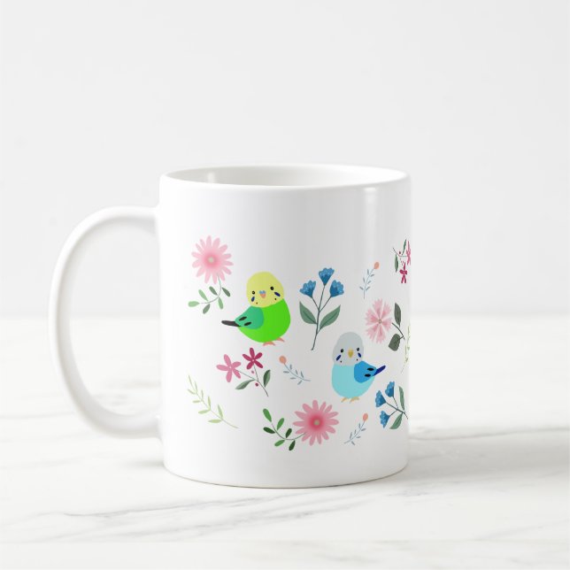 Cute Budgies Parakeet with Flowers Pretty Birds Coffee Mug (Left)