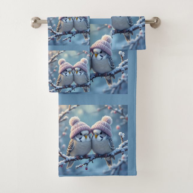 Cute budgies with bobble hats on a branch bath towel set (Insitu)
