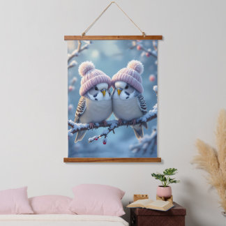 Cute budgies with bobble hats on a branch hanging tapestry