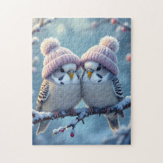 Cute budgies with bobble hats on a branch jigsaw puzzle