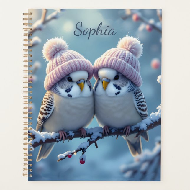 Cute budgies with bobble hats on a branch planner (Front)