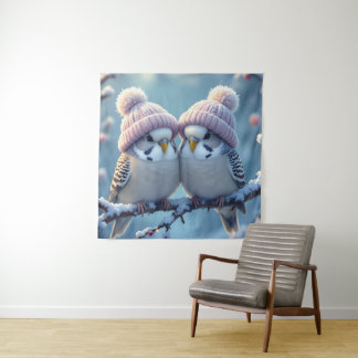 Cute budgies with bobble hats on a branch tapestry