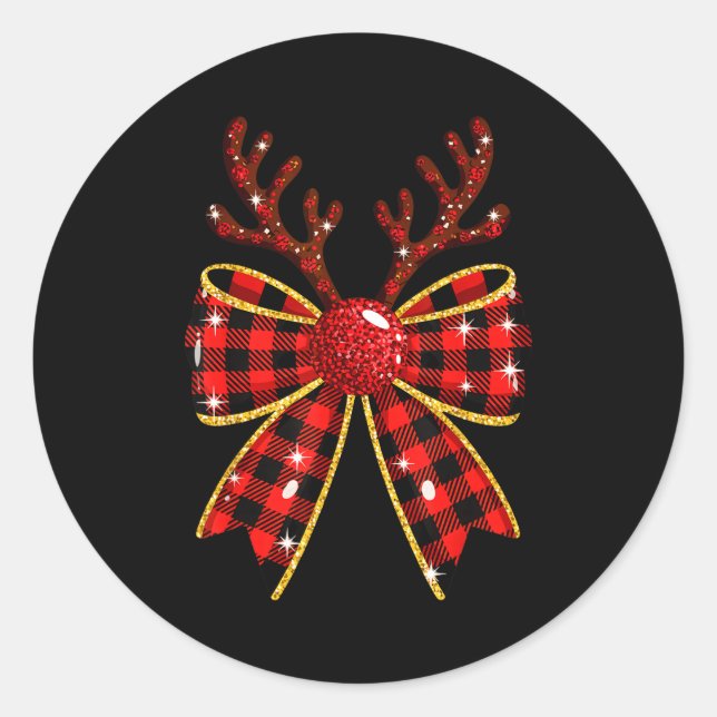 Cute Buffalo Plaid Coquette Bow Reindeer Christmas Classic Round Sticker (Front)