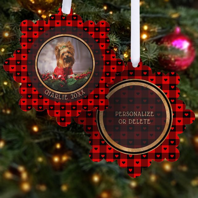 Cute Buffalo Plaid Hearts Custom Dog Pet Christmas Tree Decoration Card (Creator Uploaded)